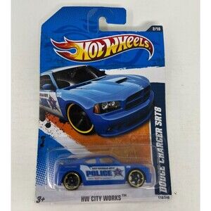2011 Hot Wheels BLUE DODGE CHARGER SRT8 HW CITY WORKS 110/240 Police Patrol Car